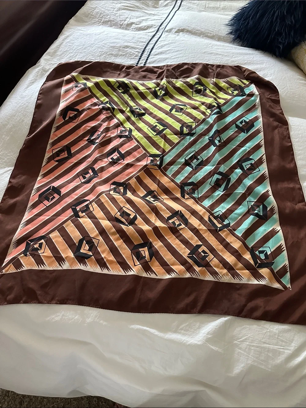 Multi-Panel Vintage Geometric Scarf in Brown with Coral, Mint & Lime Panels